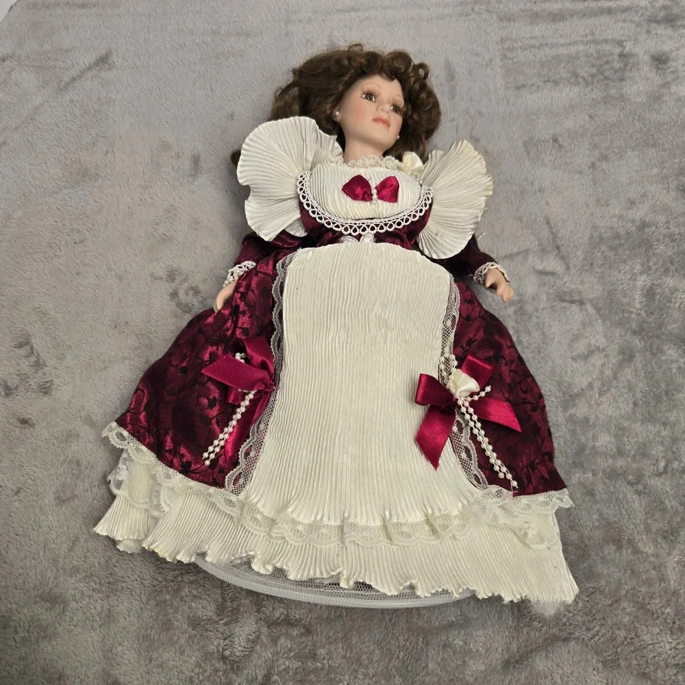 Vintage Porcelain Doll 16 Inch Burgundy Floral Dress Lace Ruffles Victorian